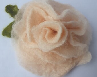 Handfelted blush merino wool Rose Brooch with moss green leaves