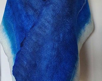 Hand dyed Blue and White wet felted fine merino and silk wrap with an ocean inspired design 'Colours of the Ocean'