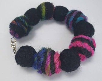 Hand Felted Fine Merino Wool Black Beaded Bracelet with neon colored dry felted spirals 'Disco'