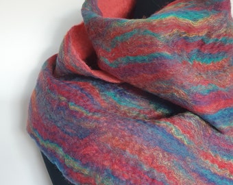 Wet felted merino and sparkly Firestar striped wool scarf with shades of red, yellow, green and blue 'Toorak'