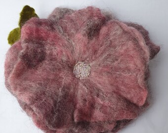 Handfelted merino and polwarth wool burgundy and white Flower Corsage Glass Beaded Brooch