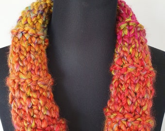 Cheery red, orange, yellow & pink chunky knit ribbed Scarflette 'Spring Garden'