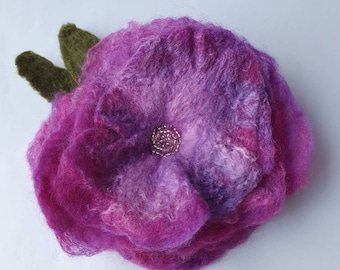 Handdyed purple pink mauve silk and merino wool felted flower with glass beaded centre Corsage Brooch