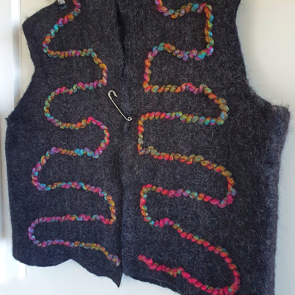 Dark grey wet felted Huacuaya Alpaca wool Sleeveless Jacket with chunky yarn swirl pattern on back - 'Swirl'