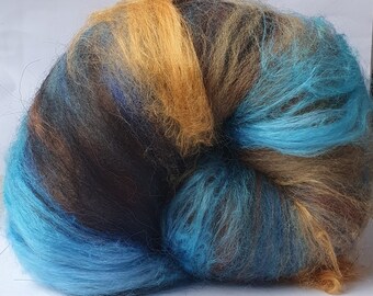 Hand dyed Merino local Polwarth, Alpaca & Blue Faced Leicester Art Batt in blues and brown with Eri silk for felting or spinning 'Blues' 82g