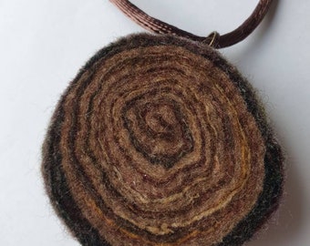 Handfelted brown merino wool wood effect pendant on a 20" necklace with bronze colour lobster clasp