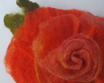 Handfelted orange and pink Merino and Polwarth Wool Rose Corsage Brooch