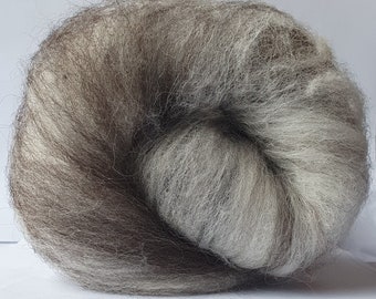 Black Huacuaya Alpaca, grey Polwarth and white fine Merino Wool Art Batt with Tussah Silk for felting or spinning 'Humbug' 85g