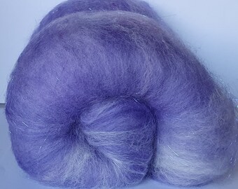 Hand dyed Merino, Angelina, Angora, Alpaca & Corriedale Fibre Sparkly Art Batt in lilacs and white for felting or spinning 'Kunzite' 62g