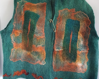 Dark Green with striking orange silk detail wet felted merino wool vest top 'Festival'