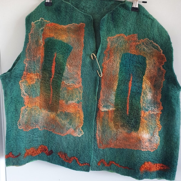 Dark Green with striking orange silk detail wet felted merino wool vest top 'Festival'