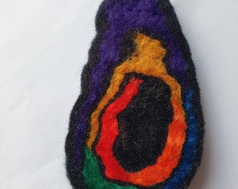 Handfelted merino wool large teardrop rainbow spiral pendant on a black satin cord necklace with silver colour lobster clasp