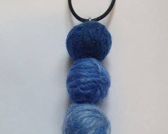 Graduated Blue 3 inch Felt Bead Pendant on a black satin cord necklace with silver color lobster fastening ' Seabreeze'