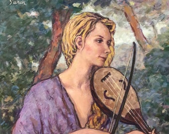 Lady with Rebec, medieval instrument, string instrument, music in the garden, ancient instrument, musical instrument, violinist