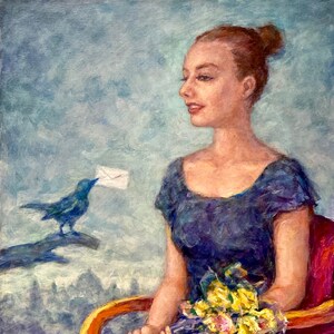Carta de amor, Señora con pájaro, pintura figurativa, dama de azul, pájaro azul, pintura de retrato, pintura al óleo original, pintura romántica