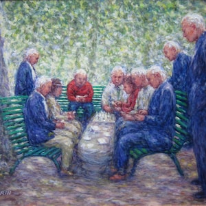 schaakspel schilderen, schakers, kaartspelers, oude vrienden komen samen, oude mensen kaartspel, vriendschap schilderen, oude mensen schaakclub