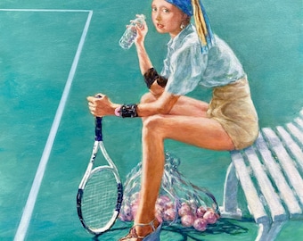 Vermeer's Girl Does Tennis, Girl with Pearl Earing, Johannes Vermeer Tennis Girl, Tennis Girl with Pearl Earing, Sport Painting