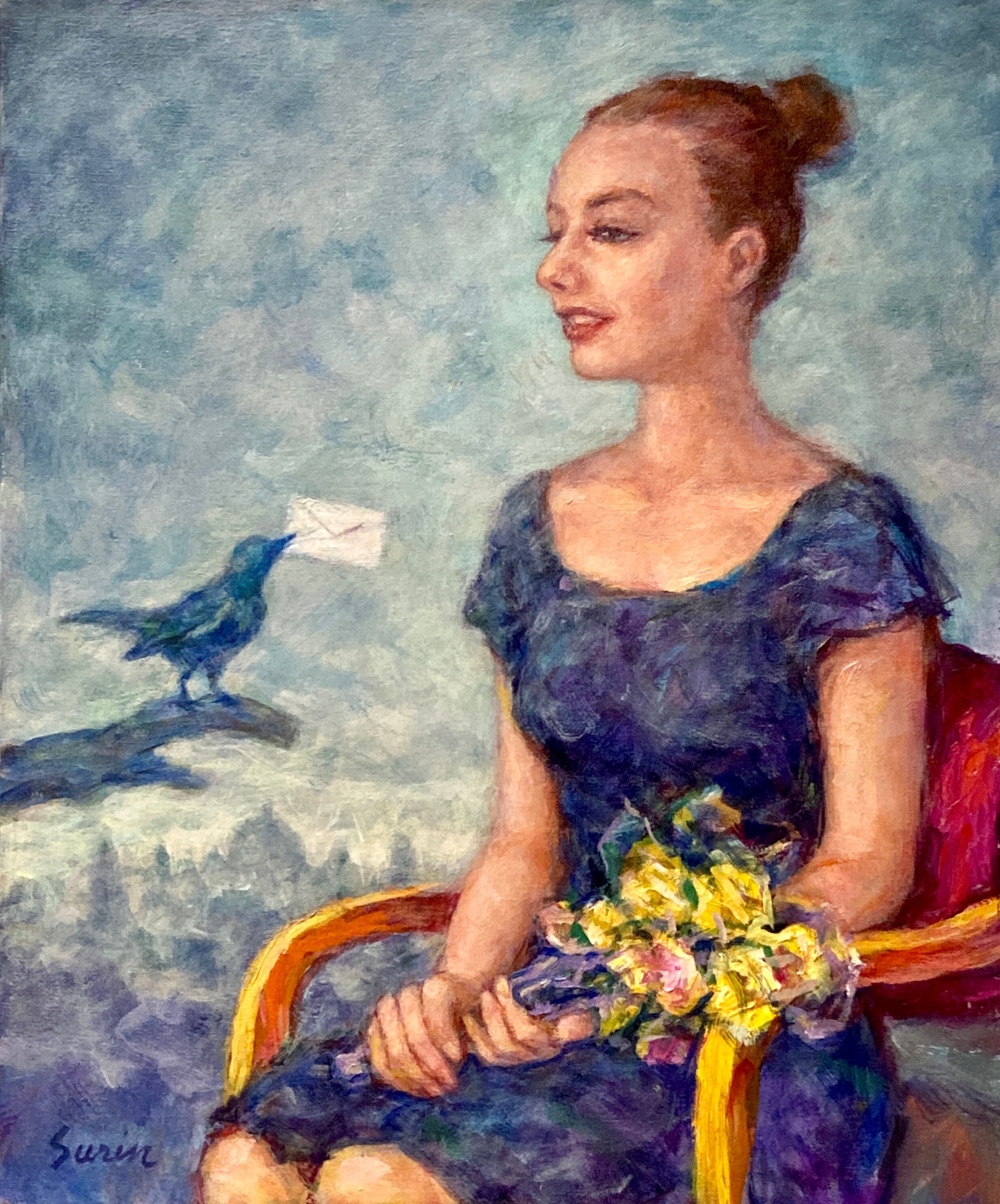 Love Letter, Lady with bird, figurative painting, lady in blue, blue bird, portrait painting, original oil painting, romantic painting