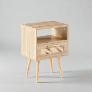 15,75" rotan bijzettafeltje met lade, massief houten poten, modern boho nachtkastje bijzettafel voor slaapkamer of woonkamer, natuurlijke afwerking