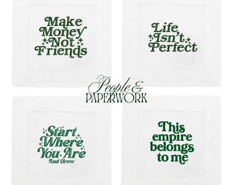 Embroidered Linen Cocktail Napkins | Set or Single, Bold Phrases, Hostess Gift