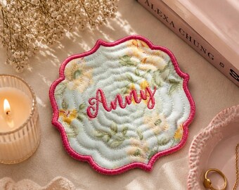 Personalized Embroidered Coaster | Custom Name Quilted Fabric Coaster | Soft Floral Coquette Home Decor | Aesthetic Gift