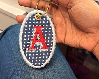 Embroidered Initial Bag Tag | Cotton Monogram Luggage Charm, Gold Clasp