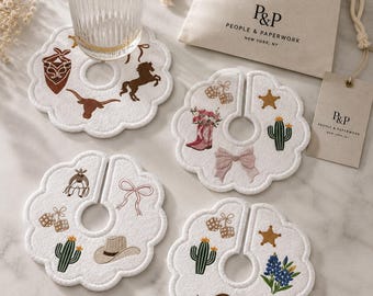 embroidered wine glass tags, western wine charms, cowgirl hostess gift, wine glass markers, western dinner party decor, set of 4