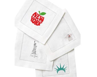 New York Icons Linen Cocktail Napkin Set | Embroidered NYC Designs | Luxury Entertaining & Hostess Gift