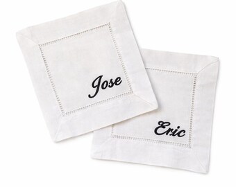 Personalized Linen Cocktail Napkins | Embroidered Name, Hemstitch Border