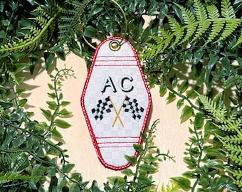 Personalized Embroidered Racing Flag Motel Keychain | Custom Initials Key Tag