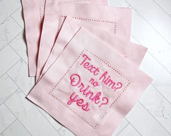 Embroidered Linen Cocktail Napkins: Funny Quotes for Bachelorette, Girls Night, Bar Cart Decor