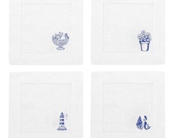 Blue Coastal Cocktail Napkins Set – Embroidered Linen Coasters, Hamptons Decor, Nautical Table Setting, Hostess Gift