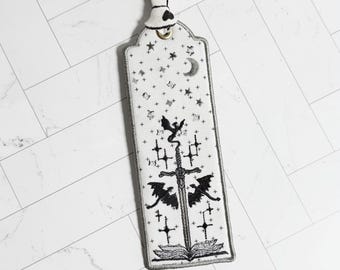 Embroidered Bookmark | Fantasy Sword, Celestial Design, Dark Academia Reader Gift