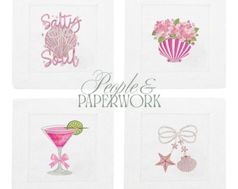 Embroidered Linen Cocktail Napkins | Martini, Shell, Floral Designs (Set of 4)