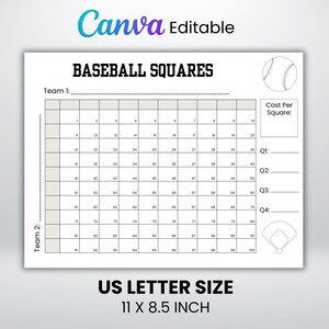May include: A white baseball squares game board with a grid of 100 squares, a baseball graphic, and the text "BASEBALL SQUARES." The board is US Letter size, 27.9 x 21.6 cm, and has spaces for team names and cost per square.