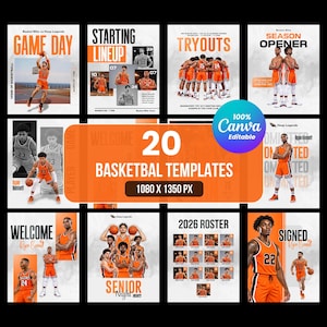 Pacote com 20 modelos de basquete para Canva, designs de flyers de basquete editáveis, lista de jogadores, escalação inicial, pôsteres para o dia do jogo, arte para a noite dos veteranos.