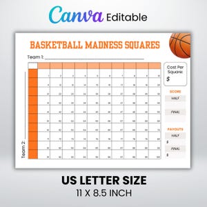 May include: Basketball Madness Squares game sheet, Canva editable. Features a grid with numbers 1-100, team sections, and areas for score and payout details. The sheet is US Letter size, 11 x 8.5 inches.