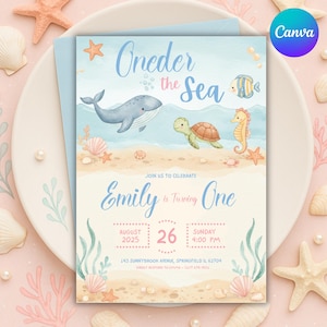 Oneder the Sea Birthday Invitation Printable, Under the Sea Editable Template, 1st Birthday Invite, Ocean Animals Girls Under the Sea Invite
