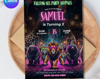 Party Animals Birthday Invitation, Invite Template for Kids, Customizable Canva Invite, Fun Animal-Themed Party, Any Age invite, EDITABLE