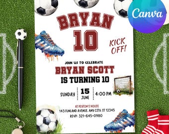 Plantilla de invitación de cumpleaños de fútbol, invitación de fútbol, invitación de fútbol infantil, descarga instantánea, editable en Canva, invitación de Let's Kick it Soccer