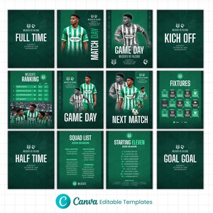 Puede incluir: Una colección de doce plantillas digitales de temática deportiva en verde oscuro con jugadores de fútbol en camisetas a rayas, logotipos de equipos y textos como Full Time, Match Day, Game Day, Kick Off, Ranking, Next Match, Fixtures y Squad List.