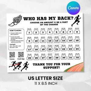 May include: White US Letter size paper with the text "WHO HAS MY BACK?" and a running track graphic. It includes a grid of jersey icons numbered 1-32, instructions, and QR codes for Venmo and Cash App.