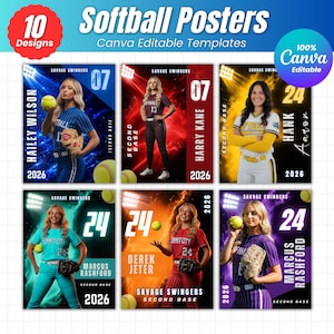 Könnte beinhalten: Eine Sammlung von 10 Softball-Poster-Designs. Jedes Poster zeigt eine Spielerin in Uniform mit ihrem Namen, ihrer Nummer und Teamdetails. Die Poster haben ein dynamisches Design mit leuchtenden Farben und dem Text "Softball Posters".