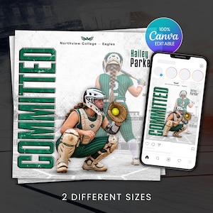 May include: A digital graphic template featuring a softball player in green and white uniform crouching in a catcher position with a glove and helmet. The text reads COMMITTED, Northview College - Eagles, and Hailey Parker. A smartphone displays the design.