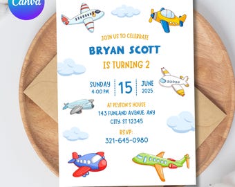 Airplane Birthday Invitation, Time Flies Birthday Invitation, Editable Airplane Invitation, Modern Plane Invitation, Time TWO fly