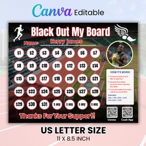 May include: A black and red "Black Out My Board" game board with a running figure and a photo of a runner. The board has numbered circles from $1 to $31, with instructions and QR codes for payment. The size is 11 x 8.5 inches.