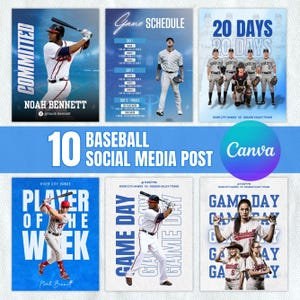 Könnte beinhalten: Eine Sammlung von zehn Social-Media-Beiträgen zum Thema Baseball. Die Beiträge zeigen Baseballspieler, Spielpläne und den Text "Game Day". Das Farbschema umfasst Blau, Weiß und Rot. Das Canva-Logo ist ebenfalls sichtbar.