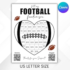 Peut inclure: Tableau de collecte de fonds de football de format A4 blanc avec un motif de ballon de football en forme de cœur. Le tableau comprend des espaces pour des dons allant de 5 € à 25 €. Le texte "fill my FOOTBALL fundraiser" est en haut.