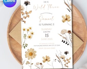 Wildflower Birthday Invitation, Garden Party Invite, Editable Girl Birthday Floral Spring Flowers Butterfly, Editable Canva Template