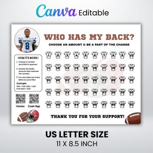 May include: A white US Letter size poster with the text "WHO HAS MY BACK?" and football-themed graphics. It includes a grid of football jerseys numbered 1-50, a football, and a football helmet. The poster is 11 x 8.5 inches.
